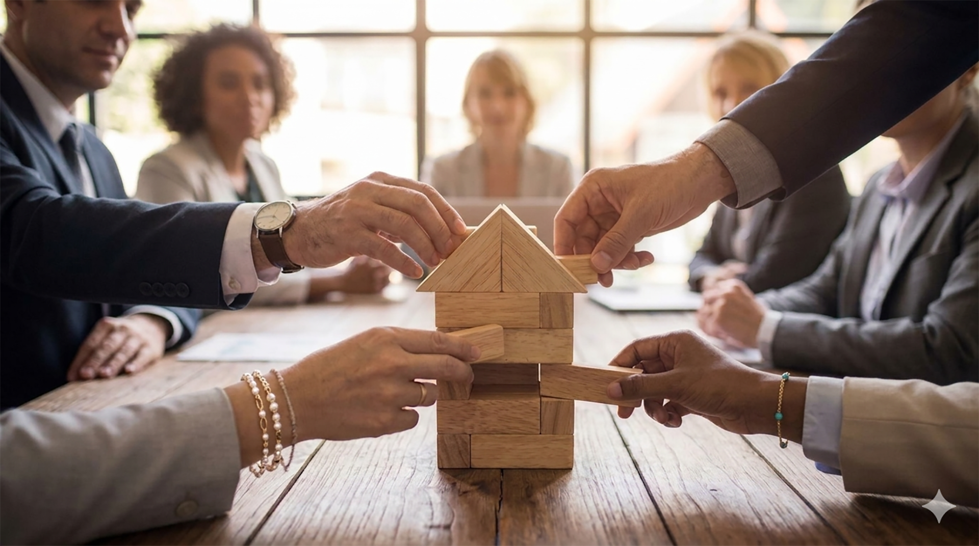 Cette image représente une équipe de femmes et d'hommes dans un bureau construisant ensemble une maison avec un jeu en bois
